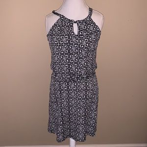Carole Little Black and White key hole collared tie neck dress